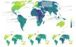 Vrednosti Svetskog indeksa vladavine (Worldwide Governance Index) u 2015. Uz mapu su i scenariji evolucije ovog indeksa za sedam odabranih država.
