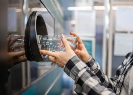 devojka vraća praznu plastičnu flašu u automat za reciklažu