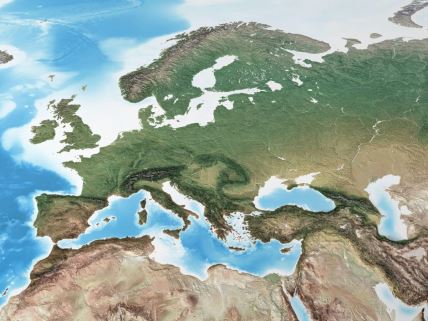 Fizička mapa zapadne Evrope, sa detaljima visoke rezolucije