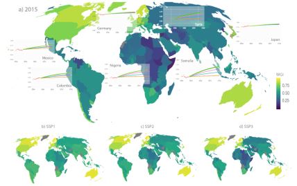 Vrednosti Svetskog indeksa vladavine (Worldwide Governance Index) u 2015. Uz mapu su i scenariji evolucije ovog indeksa za sedam odabranih država.