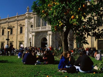 Studenti sede na travi ispred Univerziteta u Sevilji