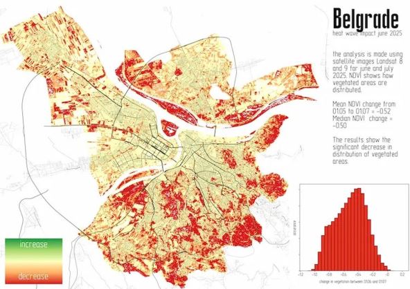 Mapa koja prikazuje pad zelenila u Beogradu