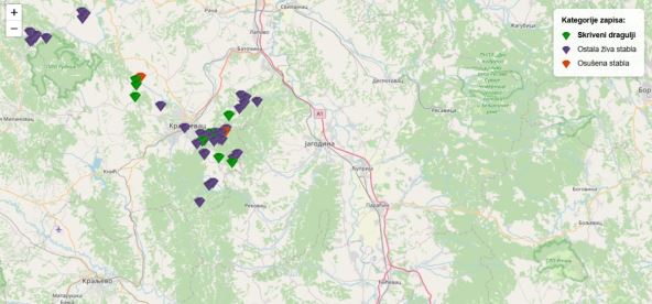 mapa svetih stabala Šumadije TreeGems