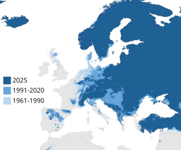 Prikaz teritorija sa najmanje 14 uzastopnih mraznih dana tokom 2025. godine