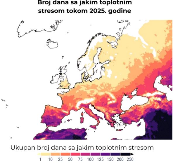 mapa koja prikazuje broj dana sa jakim toplotnim stresom tokom 2025. godine
