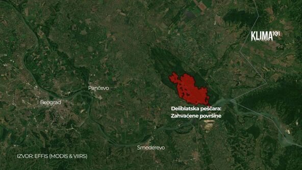 mapa prikazuje kolike su oblasti koje je požar zahvatio u Deliblatskoj peščari